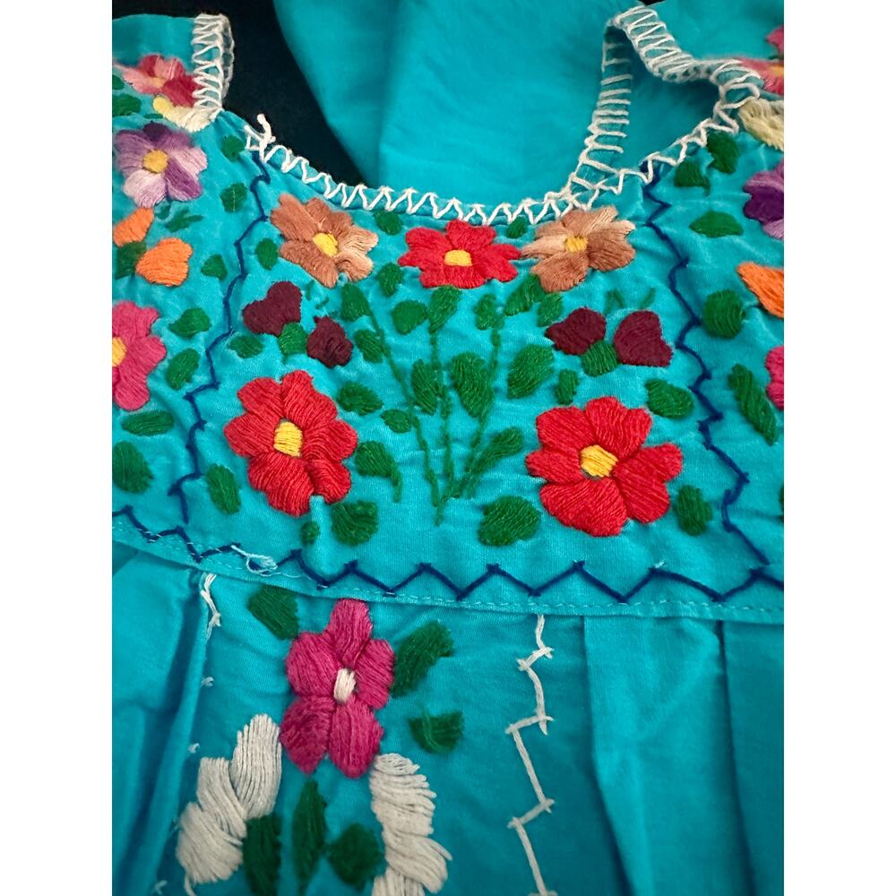 Vintage 70s Mexican Oaxacan/Puebla Turquoise San Antonino Hand Embroidered Dress View 3